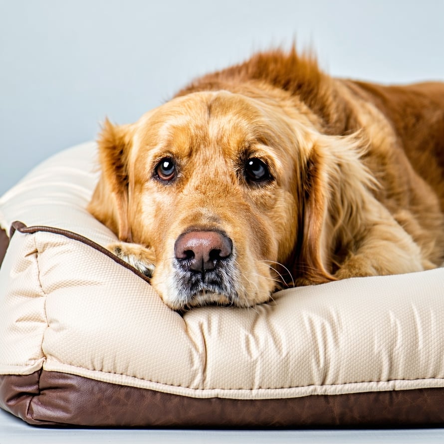 A golden retriever looking sad laying on a dog bed-1