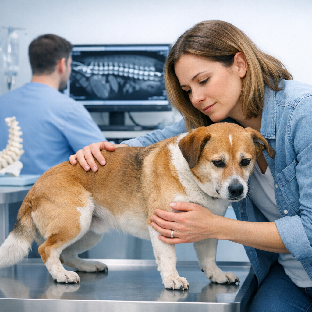 Dog showing signs of back pain during a veterinary neurological examination while a veterinarian reviews spinal MRI imaging for possible IVDD or spinal cord compression.