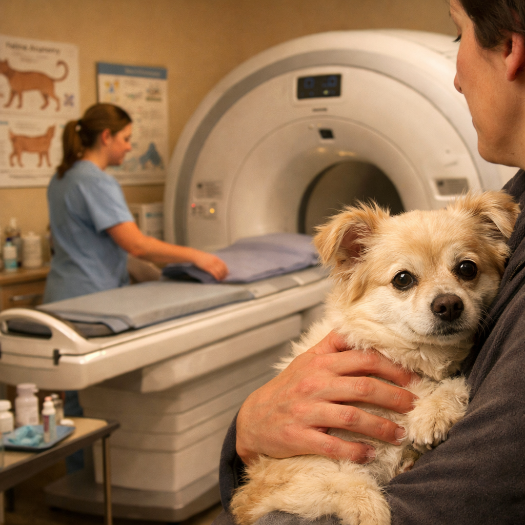 Dog receiving neurological exam after seizure episode