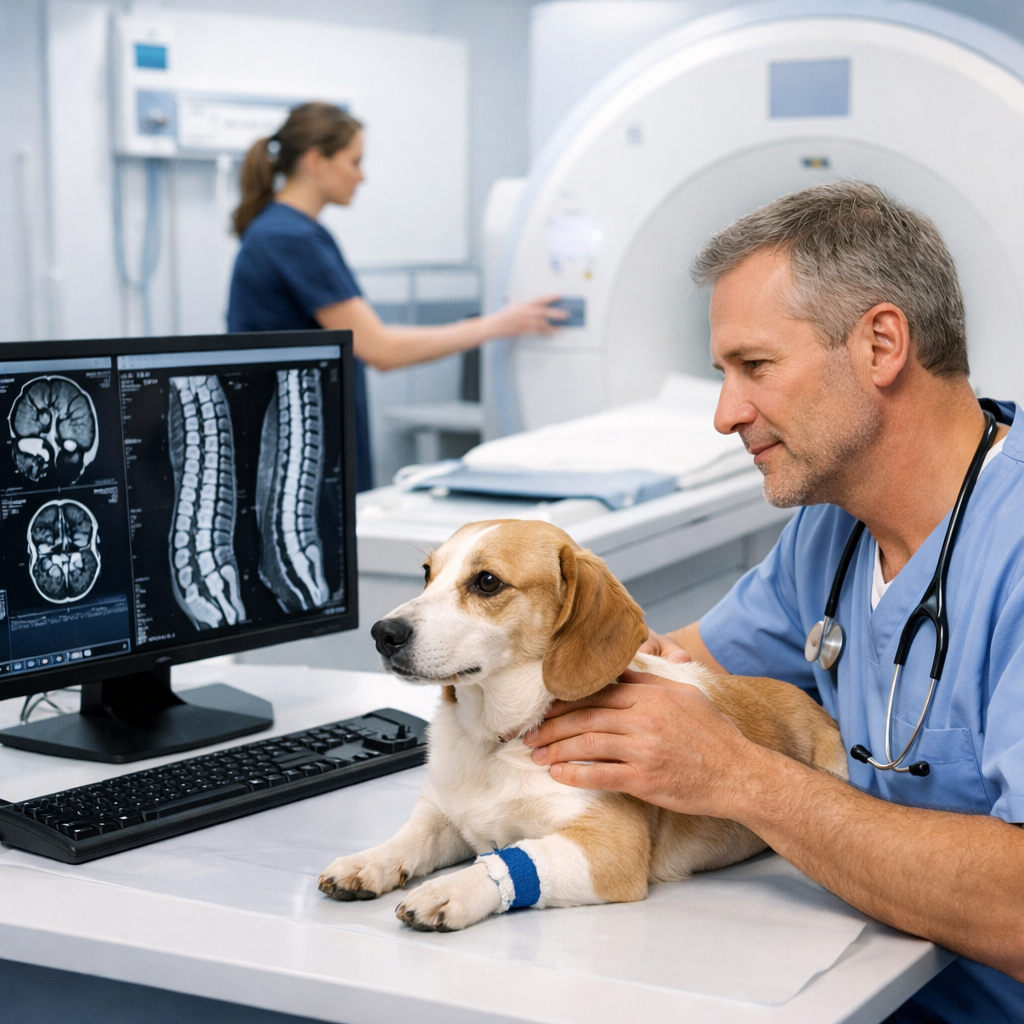 Veterinarian reviewing spinal and neurological MRI scans for a dog being evaluated for advanced veterinary imaging referral.