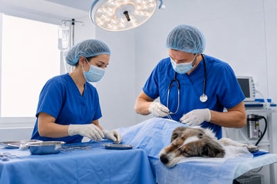 Veterinary Doctor in Mask and Cap Performing Surgery Veterinary Doctor in Mask and Cap Performing Surgery