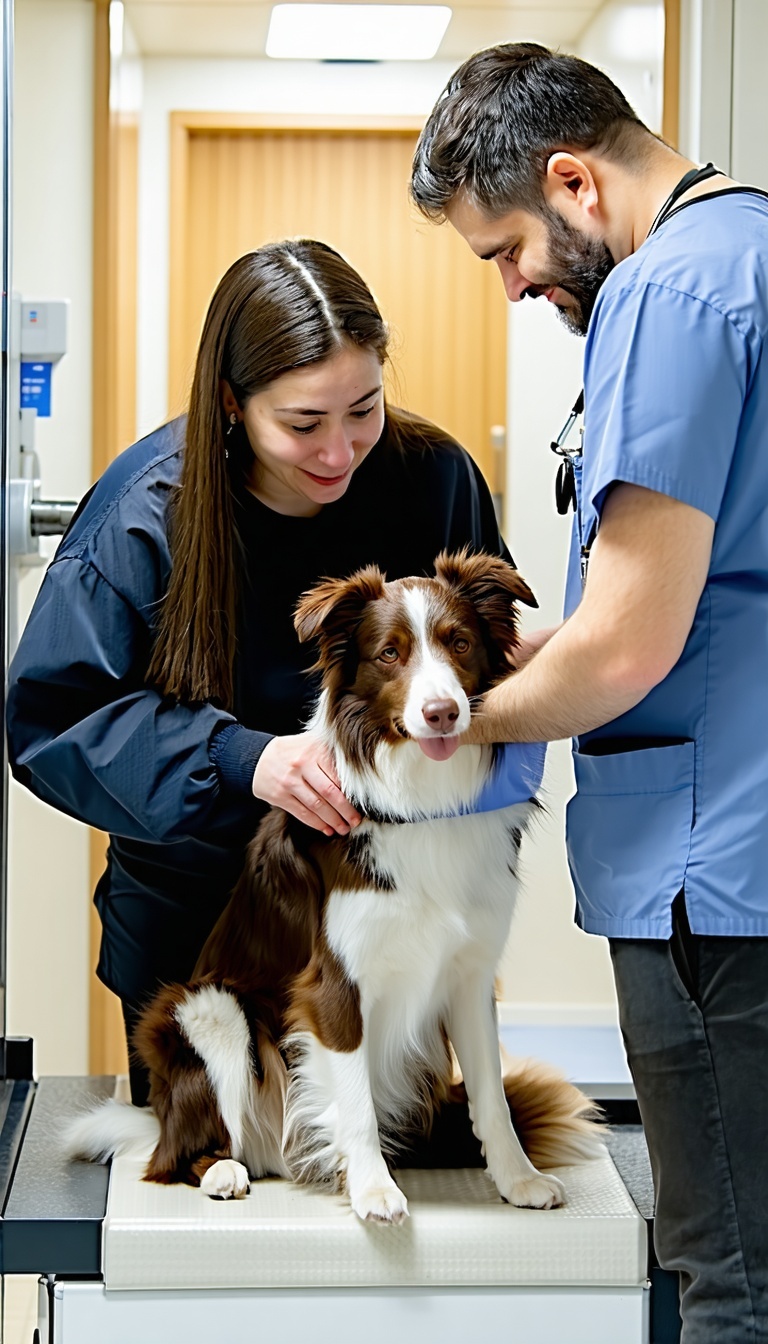 a couple checking their dog in at the vet for an mri