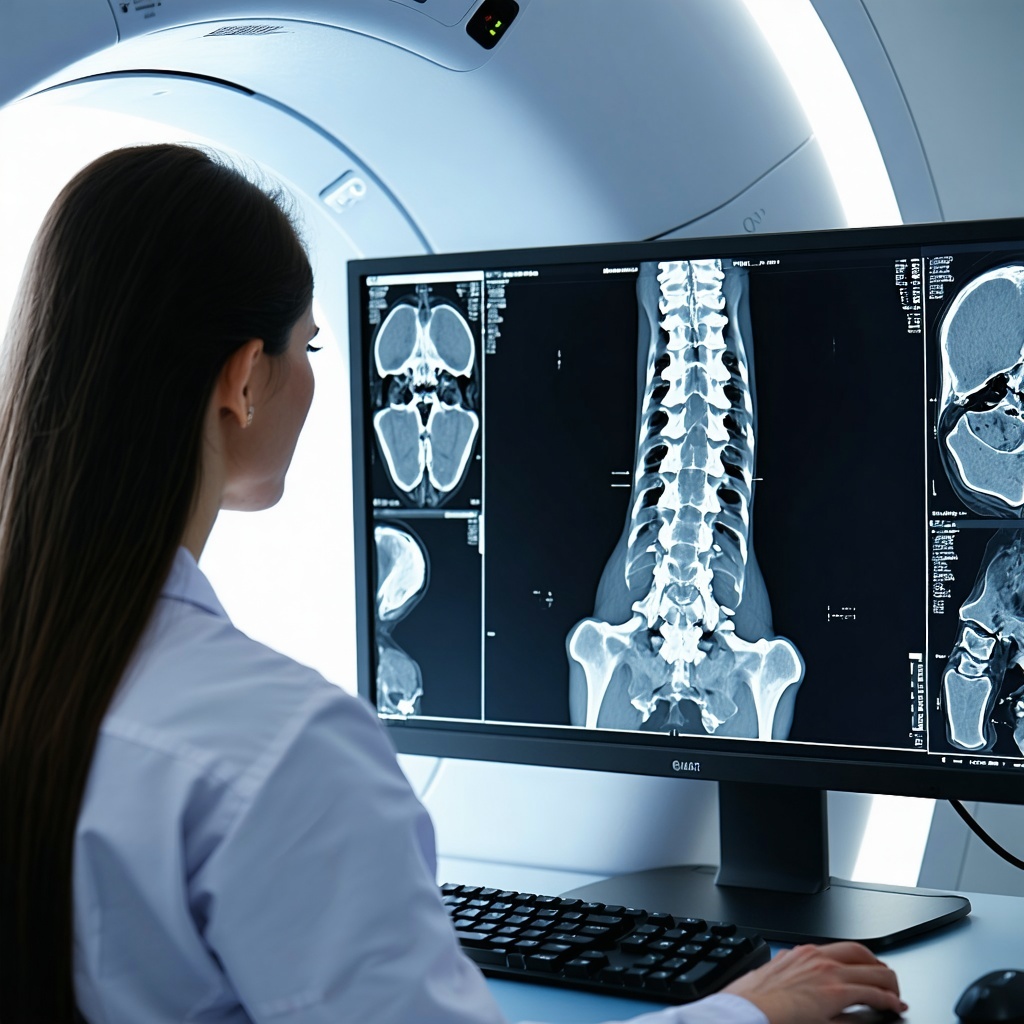 an mri tech looking at the image of an MRI of a dogs spine on the computer