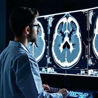 realistic picture of a tech looking at an mri image of a cats brain on screen-1