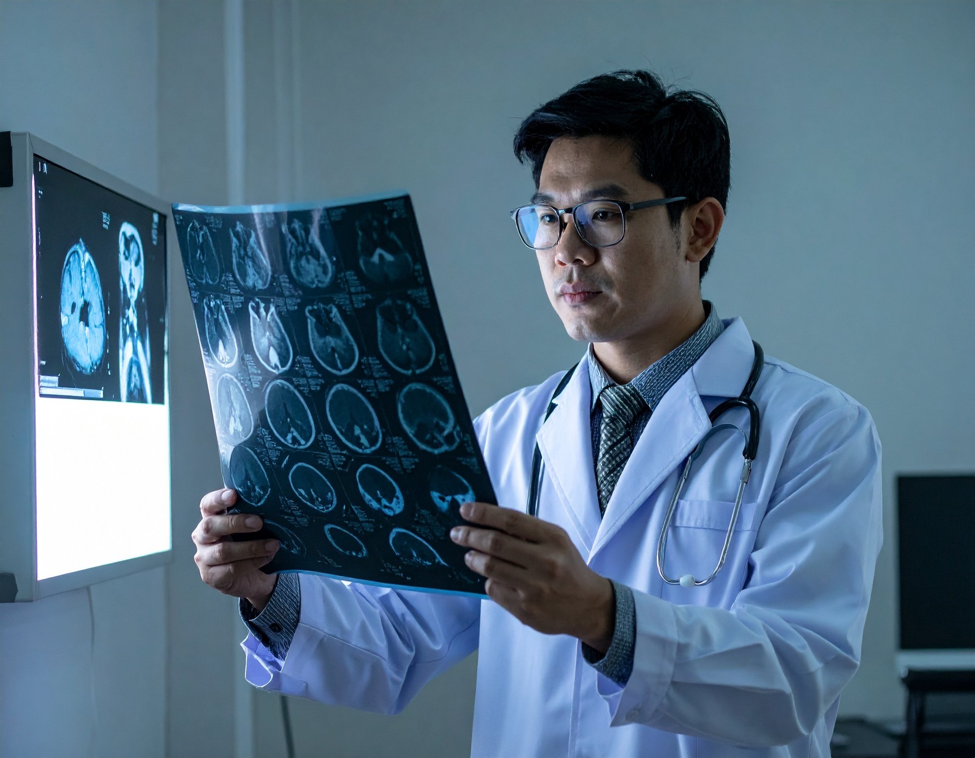Firefly generate photos of a veterinary radiologist reading a MRI scan but do not show the actual de