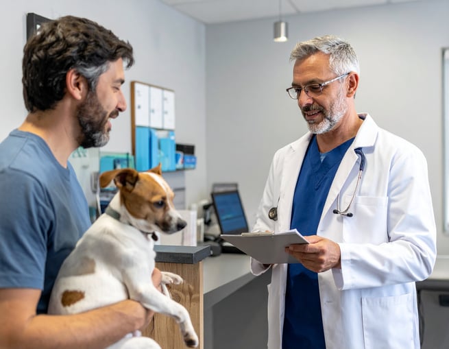 Firefly generate photos of vets consulting pet owners reviewing test results in a reception area 767